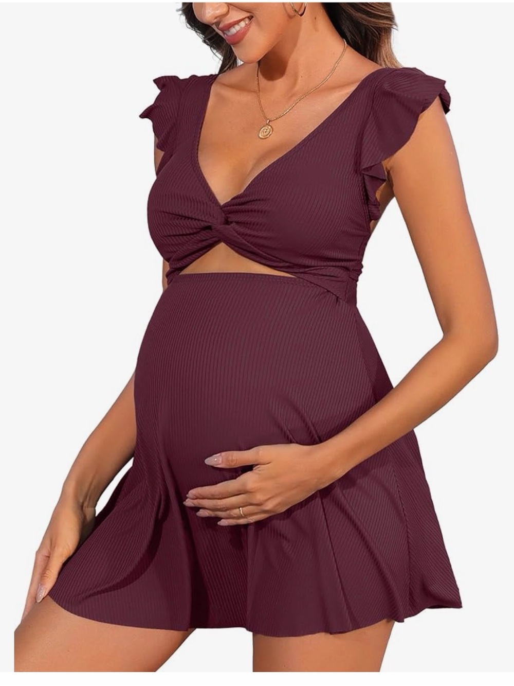 Ribbed Burgundy One-Piece Maternity Swimdress with Twist Front